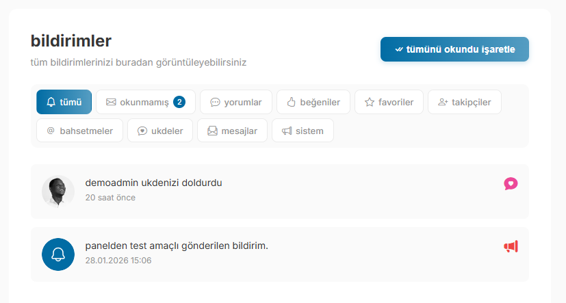 Bildirimler ekran görüntüsü